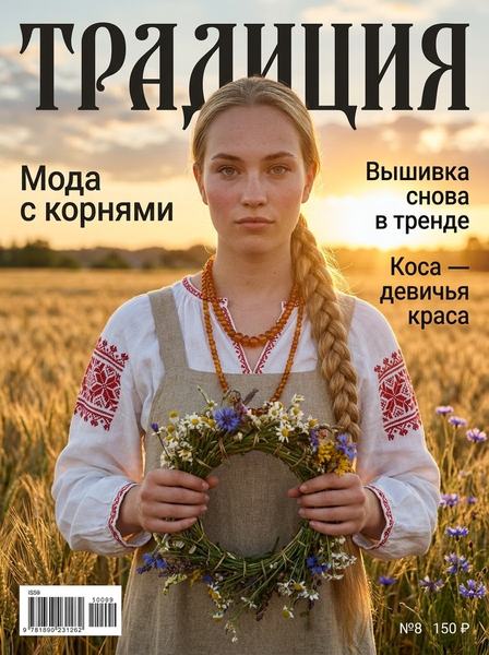 Девушка в льняной рубахе с красной вышивкой стоит в пшеничном поле с венком в руках на закате под названием журнала.