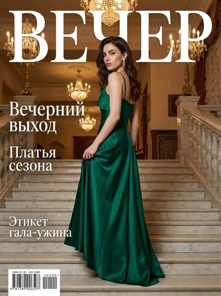 Девушка в изумрудном вечернем платье спускается по мраморной лестнице театра и оборачивается к камере.