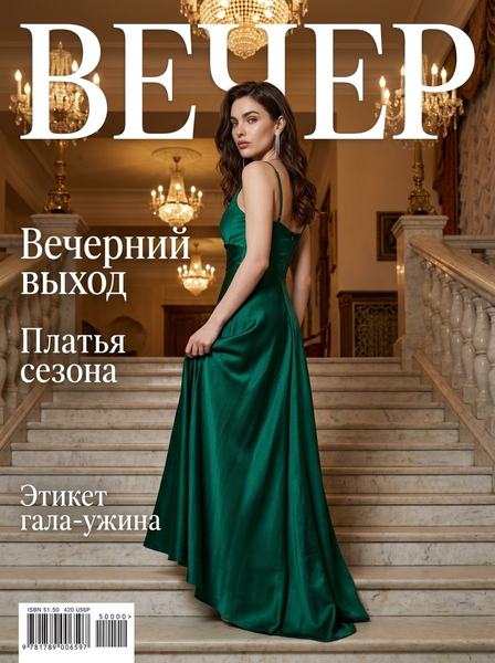 Девушка в изумрудном вечернем платье спускается по мраморной лестнице театра и оборачивается к камере.