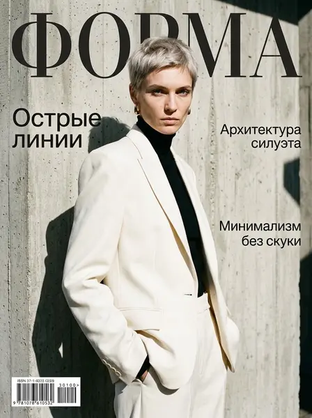 Девушка в костюме цвета слоновой кости стоит у бетонной стены в резких тенях на минималистичной обложке.