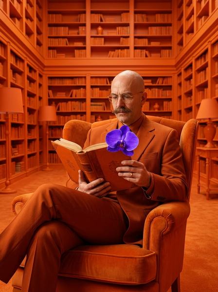 Лысый мужчина в оранжевом костюме читает книгу в оранжевой библиотеке, на книге фиолетовая орхидея