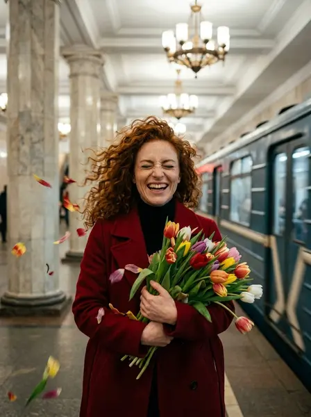 0,1 секунды после: тюльпаны в дверях метро — пример ИИ-фото по промту