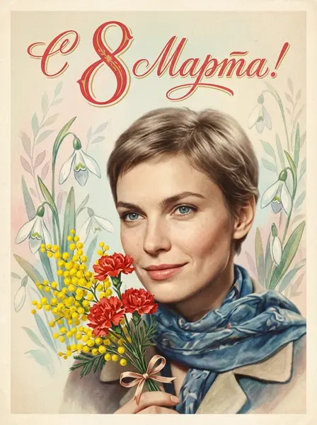 Советская открытка «С 8 Марта!» — пример ИИ-фото по промту