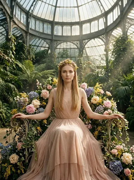 Цветочный трон в оранжерее — пример ИИ-фото по промту