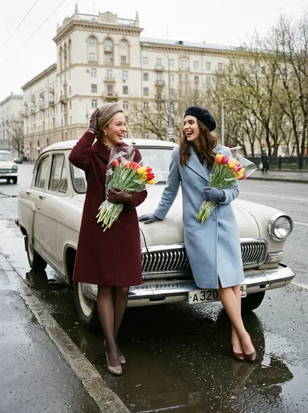Подруги 60-х с тюльпанами у «Волги» — пример ИИ-фото по промту