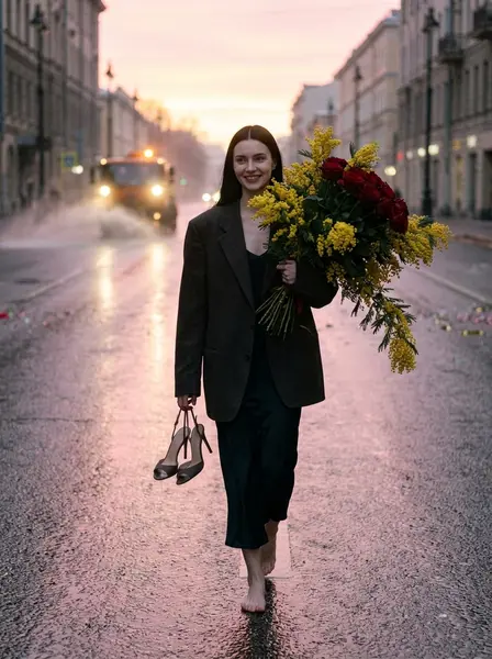 Пустой утренний город и огромный букет — пример ИИ-фото по промту