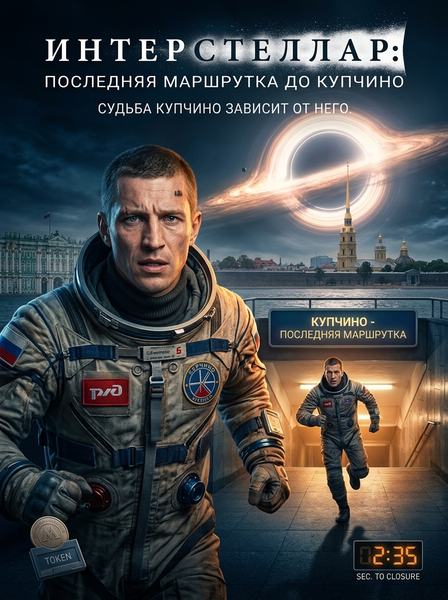 Мужчина в скафандре на фоне чёрной дыры и ночного Петербурга, афиша «Интерстеллар» про Купчино