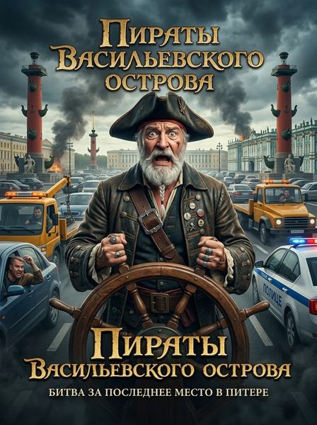 Седой бородатый пират у штурвала среди пробки у Ростральных колонн, афиша о Васильевском острове