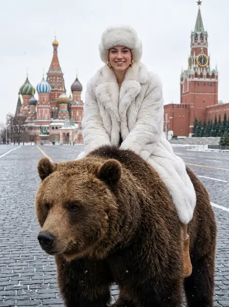 Девушка в белой шубе и меховой шапке сидит верхом на буром медведе на Красной площади зимой