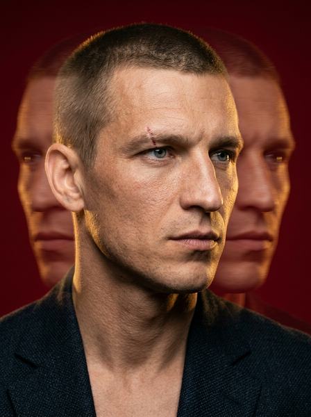 Портрет в тёмном блейзере на красном фоне, по бокам два размытых дубля того же лица