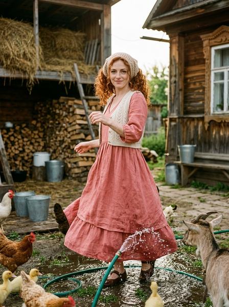 Девушка в розовом льняном платье танцует в деревенском дворе среди брызг, кур и коз