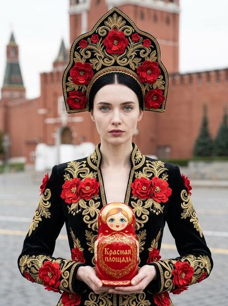 Девушка в кокошнике и чёрном бархатном костюме с красными цветами держит матрёшку у кирпичной стены