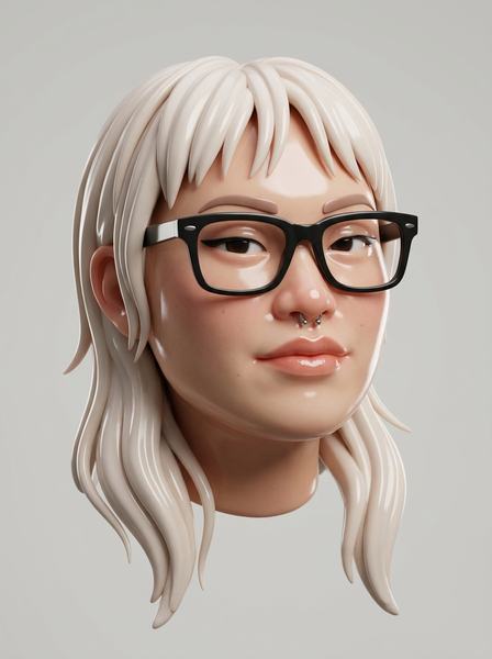 3D-рендер парящей головы с глянцевой фарфоровой кожей и гладкими скульптурными волосами
