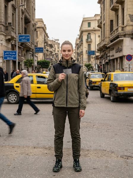 Девушка в ветровке стоит неподвижно на людной улице Каира, прохожие вокруг размыты в движении