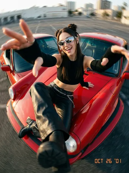Девушка в стиле Y2K лежит на капоте красного винтажного Porsche, вид сверху широкоугольный