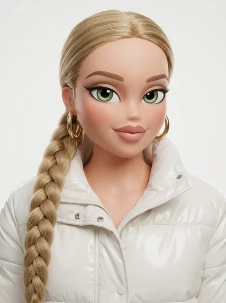 Девушка в виде 3D-куклы Bratz в той же одежде и с той же причёской на белом фоне