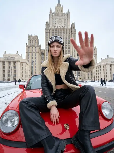 Девушка в лётной куртке сидит на капоте красного Porsche на снежной улице у сталинской высотки