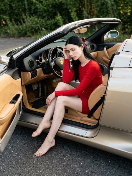 Девушка сидит босиком в открытой двери бежевого кабриолета Ferrari, задумчиво глядя вниз