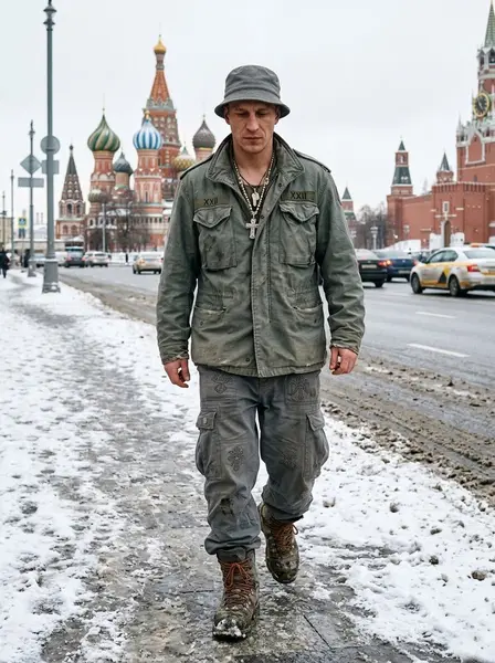 Мужчина в милитари-одежде идёт по заснеженному тротуару на фоне собора Василия Блаженного