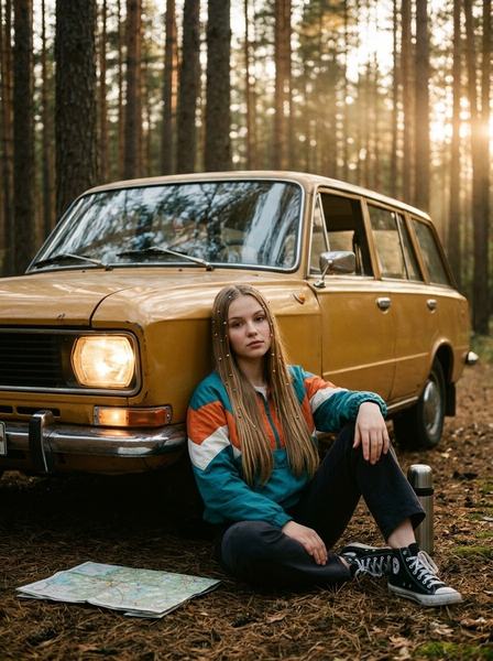 Девушка сидит на хвое у горчичного советского универсала в сосновом лесу на закате