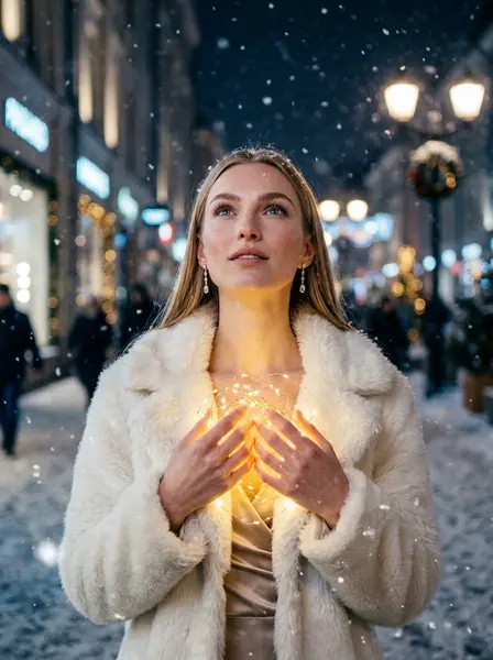 Шуба, снегопад и гирлянда в руках — пример ИИ-фото по промту