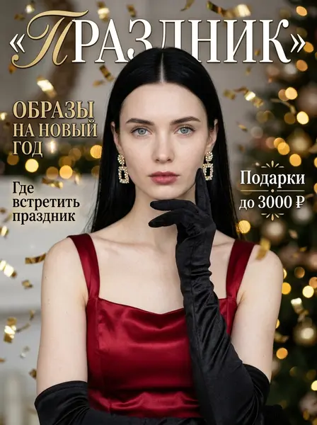 Новогодняя обложка журнала — пример ИИ-фото по промту