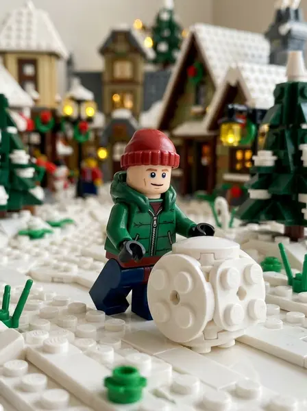 LEGO-минифигурка в зимней деревне — пример ИИ-фото по промту