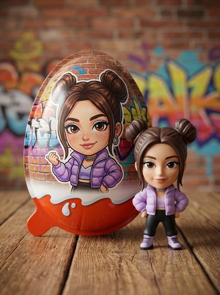 Яйцо Kinder Joy с чиби-девушкой на упаковке и маленькая фигурка рядом на деревянном столе