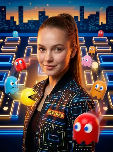Девушка с хвостом в куртке Pac-Man среди неонового лабиринта, Пакмана и цветных привидений