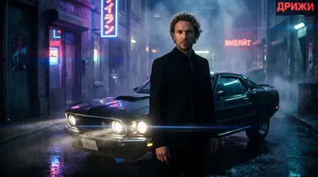 Мужчина в чёрном костюме стоит у чёрного Mustang в дождливом переулке с неоновыми вывесками