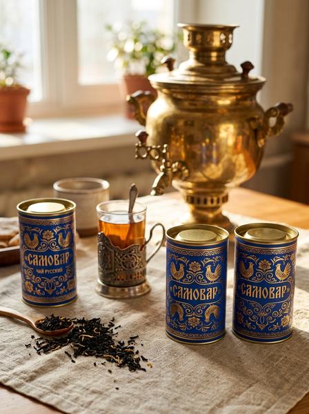 Синие банки чая «Самовар» с золотым орнаментом, стакан в подстаканнике и самовар на льняной скатерти