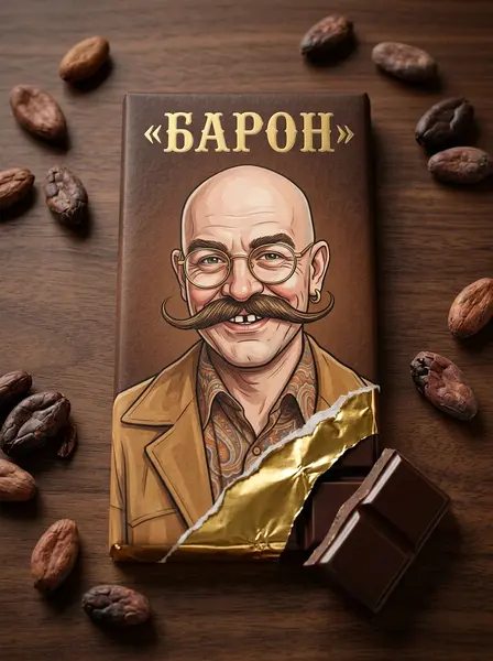 Плитка шоколада с шаржем лысого мужчины с усами и в очках на обёртке, какао-бобы вокруг