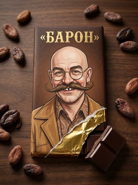 Плитка шоколада с шаржем лысого мужчины с усами и в очках на обёртке, какао-бобы вокруг