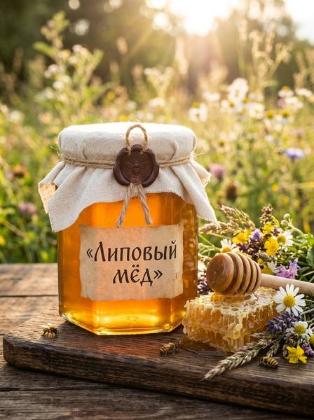 Шестигранная банка мёда с сургучом и подписью «Липовый мёд», соты и ложка на фоне луговых цветов