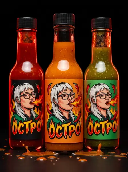 Три бутылки острого соуса «Остро» с рисованной девушкой в очках, выдыхающей огонь, на чёрном фоне