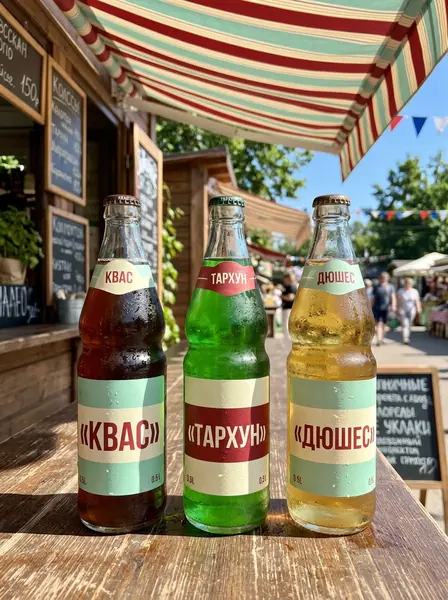Три стеклянные бутылки кваса, тархуна и дюшеса с новыми этикетками на прилавке летнего киоска