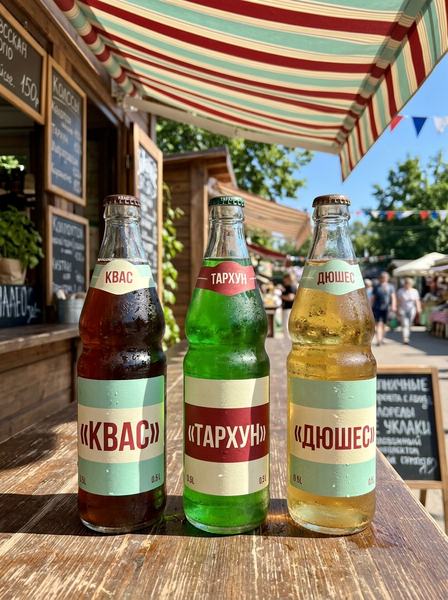 Три стеклянные бутылки кваса, тархуна и дюшеса с новыми этикетками на прилавке летнего киоска