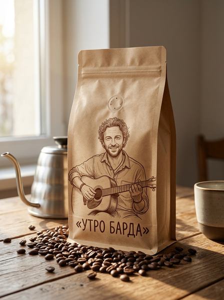 Крафтовый пакет кофе с линейным рисунком мужчины с гитарой, рядом зёрна и чайник с тонким носиком