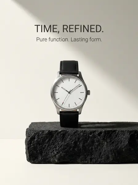 Стальные часы с белым циферблатом на чёрном камне, сверху надпись TIME, REFINED на светлом фоне
