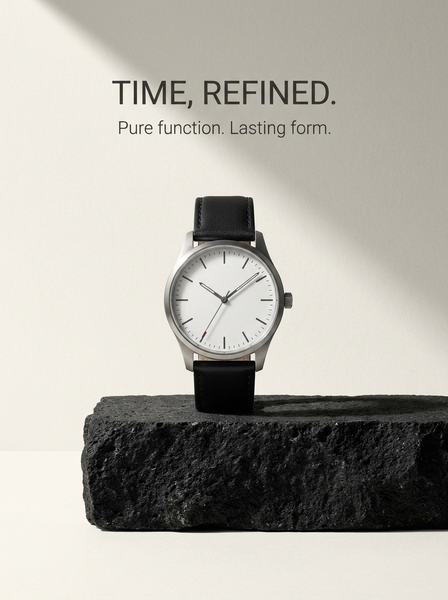 Стальные часы с белым циферблатом на чёрном камне, сверху надпись TIME, REFINED на светлом фоне