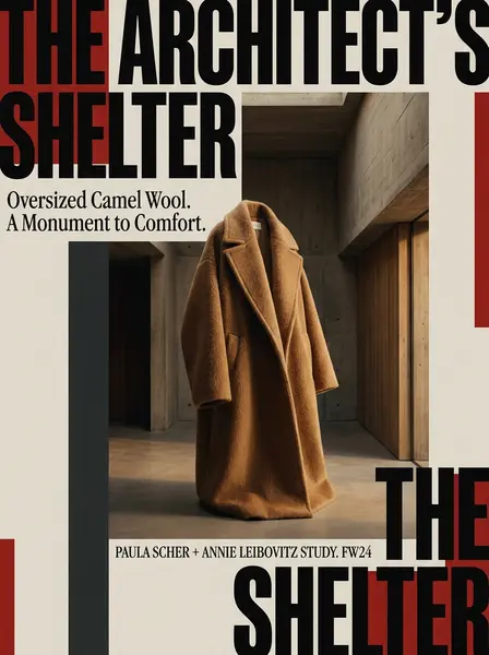 Пальто из верблюжьей шерсти в бетонном коридоре, крупные буквы THE ARCHITECT'S SHELTER