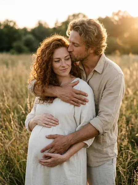 Будущие родители в поле — пример ИИ-фото по промту