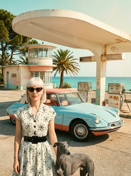 Женщина в очках «кошачий глаз» и платье с принтом рядом с голубым Citroën DS и серой собакой у заправки