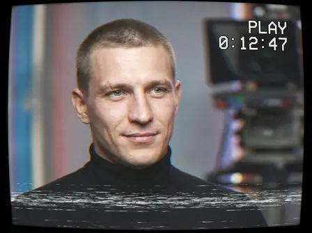 Кадр с VHS: мужчина в чёрной водолазке на ТВ-экране со строками развёртки и таймкодом PLAY
