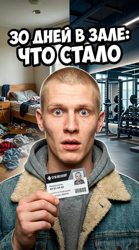 Удивлённый парень держит абонемент в спортзал на фоне комнаты и зала, заголовок «30 дней в зале»