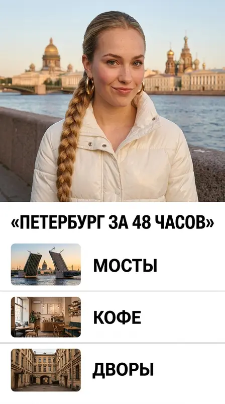 Девушка со светлой косичкой в белом пуховике на набережной, ниже список «Мосты», «Кофе», «Дворы»