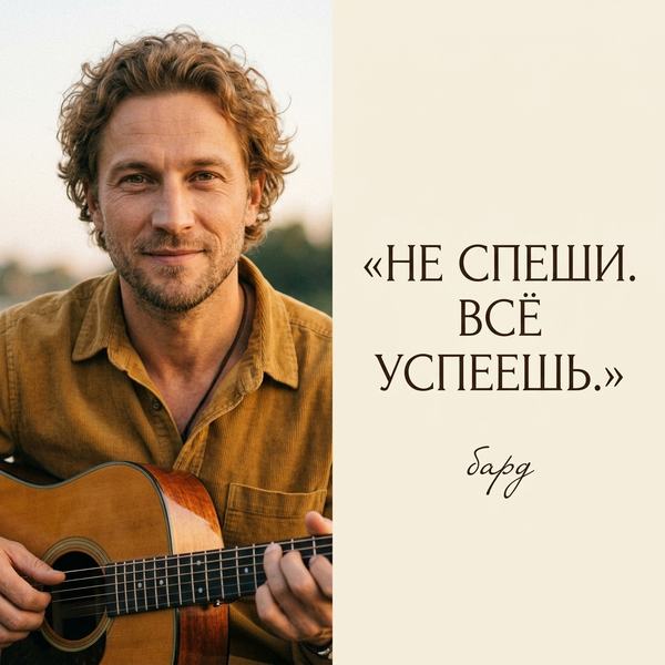 Кудрявый мужчина с гитарой слева и цитата «Не спеши. Всё успеешь.» на кремовом фоне справа