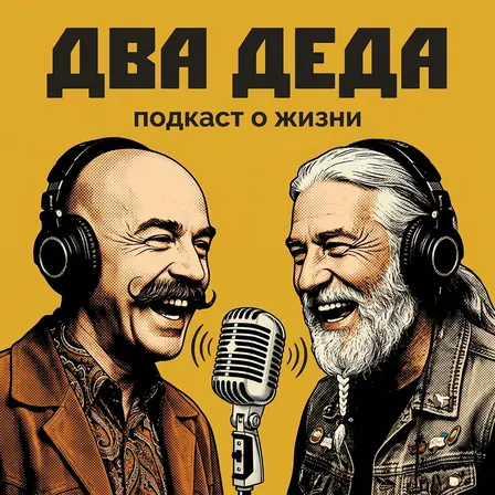 Лысый мужчина с усами и седой бородач в наушниках смеются у микрофона на горчичной обложке подкаста