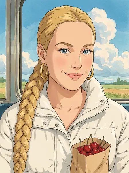 Рисованная аниме-девушка с длинной светлой косичкой и пакетом вишен у окна поезда среди полей