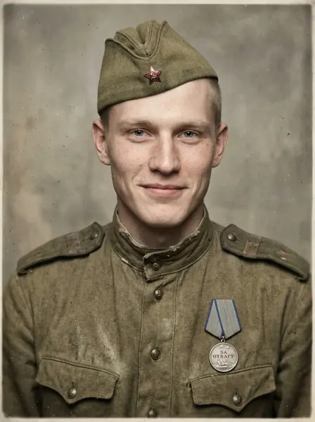 Раскрашенный портрет в гимнастёрке 1945 года — пример ИИ-фото по промту